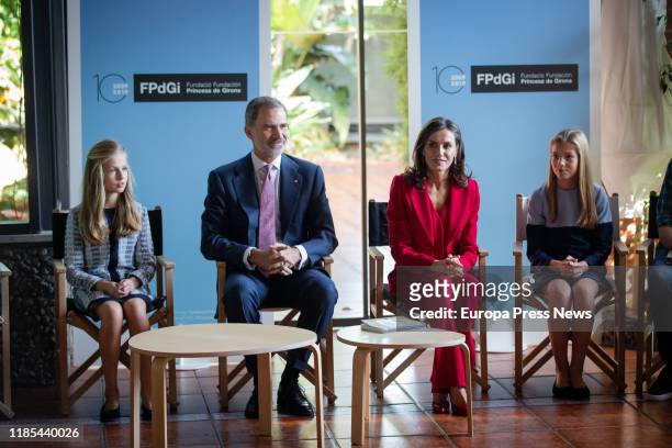 Princess of Asturias, Leonor de Borbon, King Felipe VI, Queen Letizia Ortiz and Infanta Sofia de Borbon, are seen during the presentation of the...