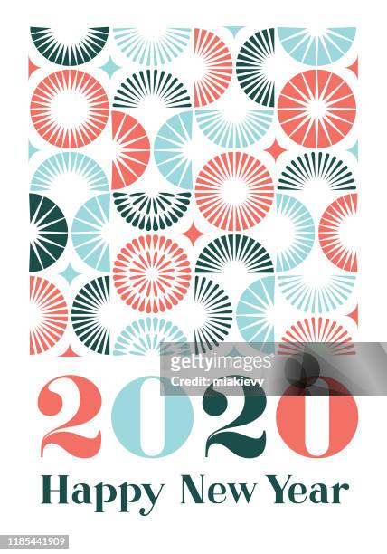 ilustraciones, imágenes clip art, dibujos animados e iconos de stock de feliz año nuevo 2020 con patrón de fuegos artificiales - new year card