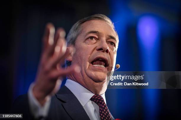 Brexit Party leader Nigel Farage speaks ahead of Brexit Party members being introduced on November 4, 2019 in London, England. The Brexit party plans...