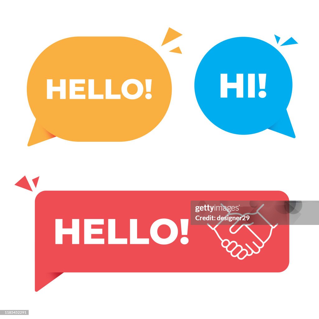 Hola, Hola Expresión Burbuja y Handshake Banner Vector Design.