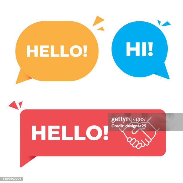 hello, hi speech bubble and handshake banner vector design. - online chat bubble stock illustrations