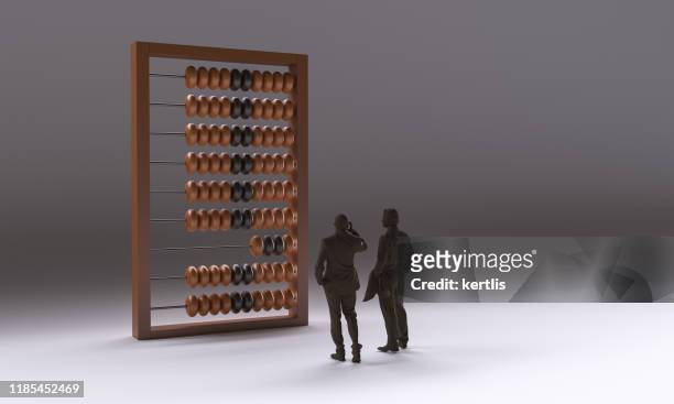 old abacus and businessmen on gray background - 3d rendering illustration - abacus old stock pictures, royalty-free photos & images