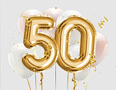 Happy 50th birthday gold foil balloon greeting background. 50 years anniversary logo template- 50th celebrating with confetti.