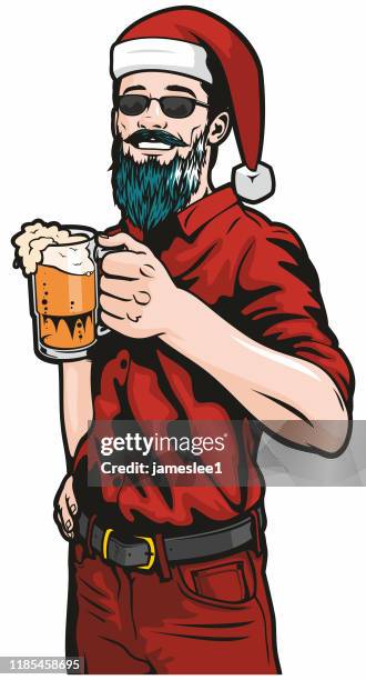 stockillustraties, clipart, cartoons en iconen met hipster in kerstmuts met bier - kerstman cool