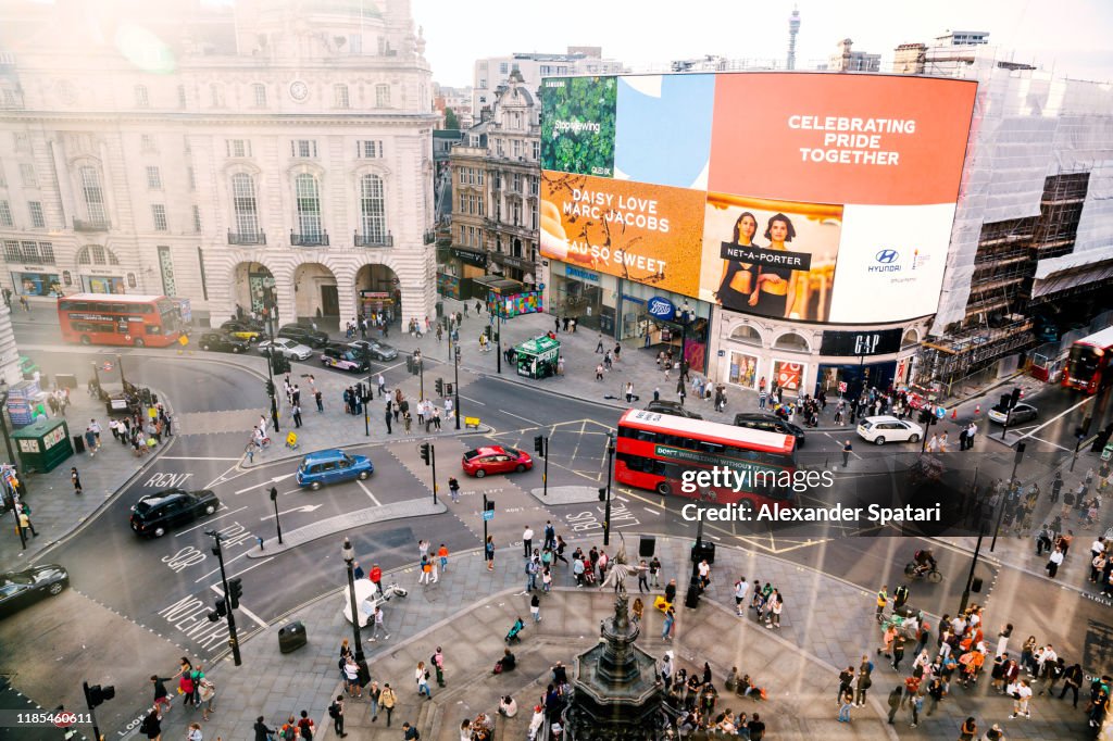 Aerial view of Piccadilly Circus in London, England, UK