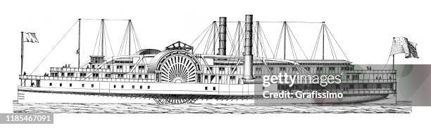 paddlesteamer paddelboot auf dem fluss 1897 - raddampfer stock-grafiken, -clipart, -cartoons und -symbole
