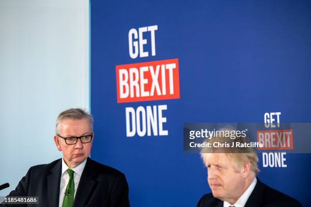 British Prime Minister Boris Johnson speaks at a press conference alongside cabinet minister Michael Gove on November 29, 2019 in London, England. Mr...
