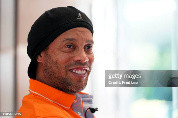 Former football star Ronaldinho attends an interview about teqball as The International Teqball Federation celebrate one year until the Sanya Asian...