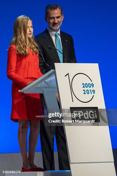 Princess Leonor de Borbon amd King Felipe VI of Spain seen attending the Princesa de Girona Foundation Awards on November 04, 2019 in Barcelona,...