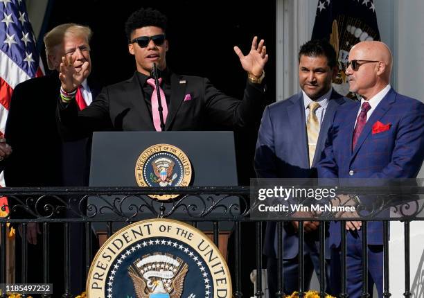 Outfielder Juan Soto speaks as U.S. President Donald Trump welcomes the 2019 World Series Champions, the Washington Nationals, to the White House...