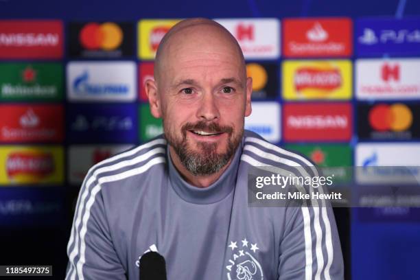 Erik ten Hag, Manager of Ajax speaks to the media during a press conference ahead of their UEFA Champions League Group H match against Chelsea at...