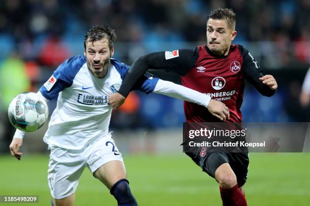 Nikola Dovedan of Nuernberg challenges Stefano Celozzi of Bochum during the Second Bundesliga match between VfL Bochum 1848 and 1. FC Nürnberg at...