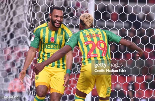 Matt Phillips of West Bromwich celebrates as he scores the first goal of the game during the Sky Bet Championship match between Stoke City and West...