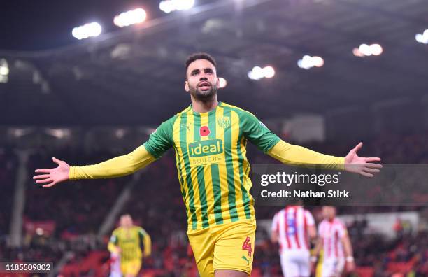 Hal Robson-Kanu of West Bromwich celebrates as he scores the second goal during the Sky Bet Championship match between Stoke City and West Bromwich...