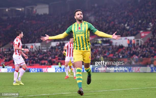 Hal Robson-Kanu of West Bromwich celebrates as he scores the second goal during the Sky Bet Championship match between Stoke City and West Bromwich...