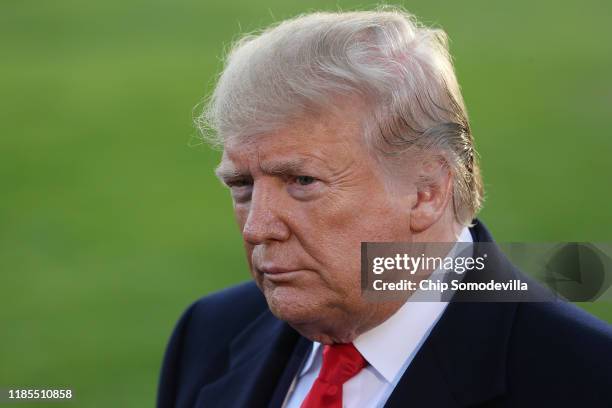 President Donald Trump talks to journalists while departing the White House November 04, 2019 in Washington, DC. Trump is traveling to Kentucky for a...