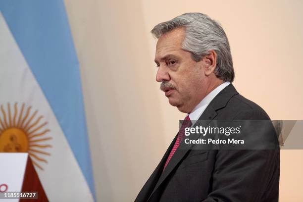 Newly elected President of Argentina Alberto Fernandez looks on during a press conference after a meeting with mexican President Andres Manuel Lopez...