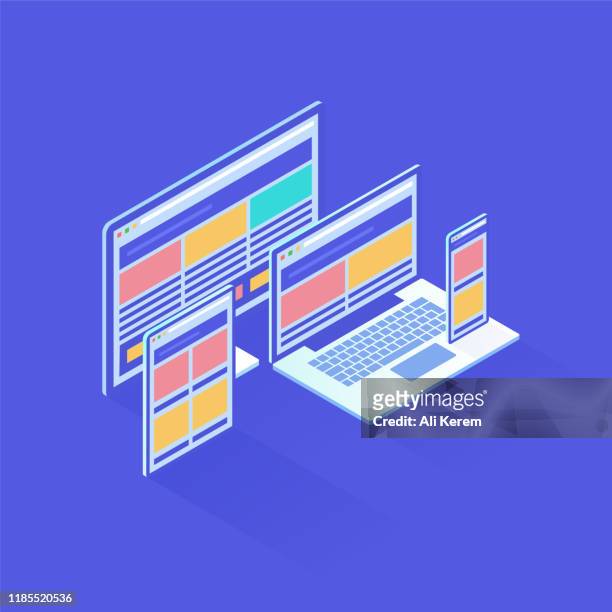 illustrazioni stock, clip art, cartoni animati e icone di tendenza di responsive design nell'illustrazione vettoriale isometrica - pagina web