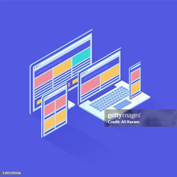 responsive design in isometric vector illustration - website design stock illustrations