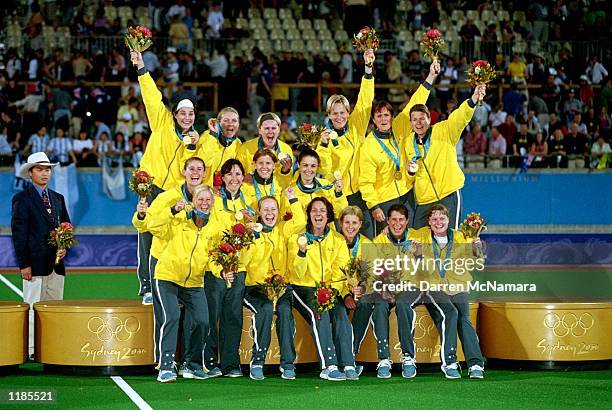 The Australian Women's Hockey team celebrate their gold medal victory during the Women's Hockey Final match played between Australia and Argentina...