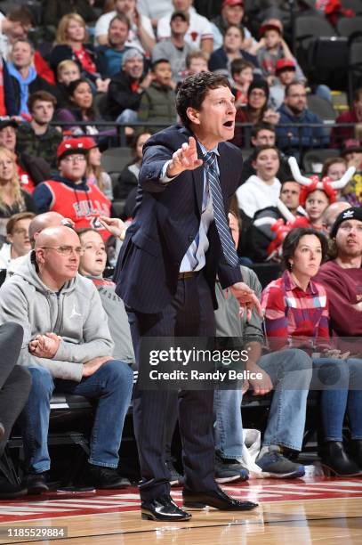 Head Coach Darren Erman of the Maine Red Claws directs his team during the game against the Windy City Bulls at the Sears Centre on November 29, 2019...