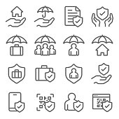 Insurance icons set vector illustration. Contains such icon as Life insurance, Protection, Cyber Security, Health care and more. Expanded Stroke