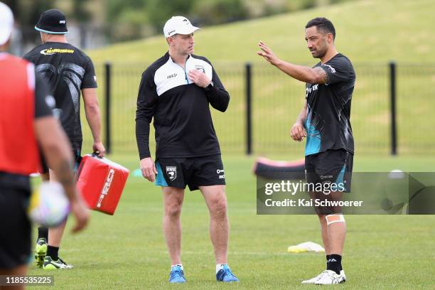 Head Coach Michael Maguire and captain Benji Marshall react during the New Zealand Kiwis training session at Nga Puna Wai on November 05, 2019 in...