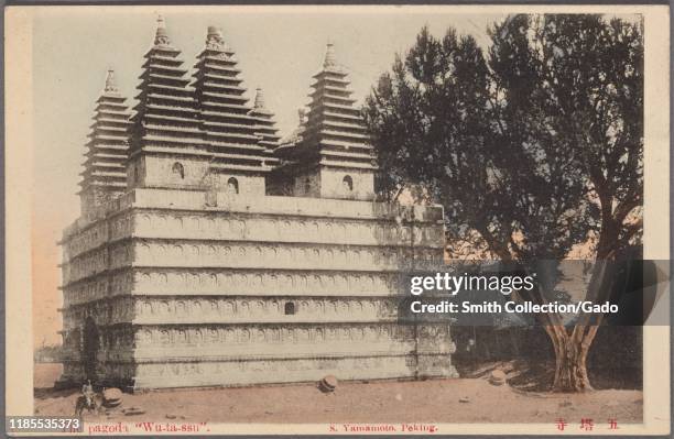 Engraved postcard of The Five Pagoda Temple , also known as the "Precious Pagoda of the Buddhist Relics of the Diamond Throne", located in the city...