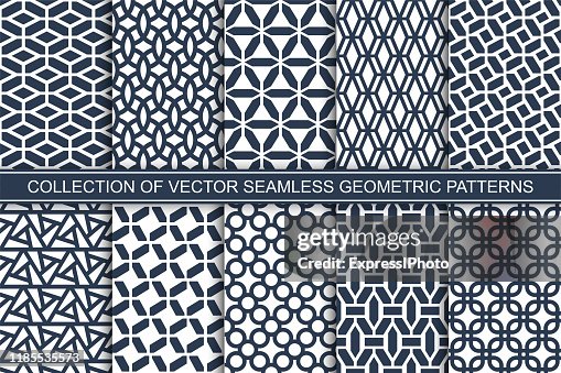 Set Of Seamless Geometric Patterns Blue And White Symmetric Outline ...