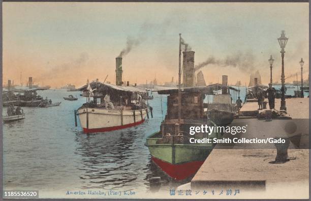 Illustrated postcard of boats with smoke coming out of their funnels at the American Wharf in Kobe, Hyogo Prefecture, Japan, 1912. From the New York...