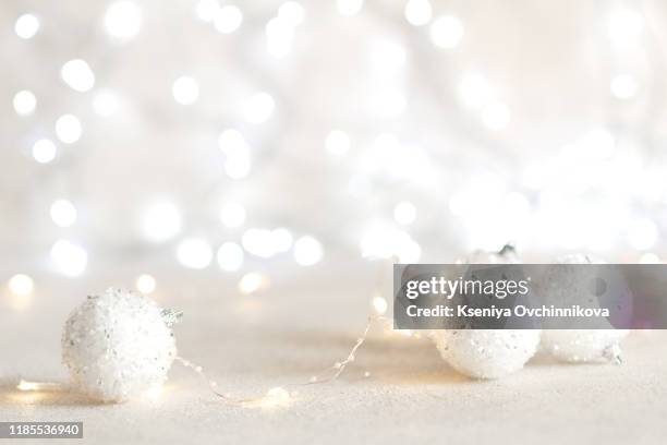 christmas ornaments on snow,copy space for your text. - white christmas stock-fotos und bilder