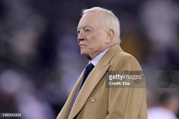 Dallas Cowboys Owner, President and General Manager Jerry Jones walks on the field before the game against the New York Giants at MetLife Stadium on...