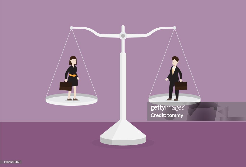 Businessman and businesswoman on the scale