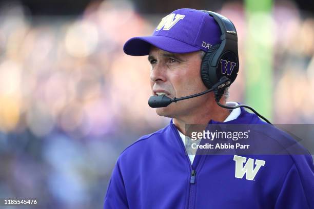 Head Coach Chris Petersen of the Washington Huskies reacts against the Utah Utes in the first quarter during their game at Husky Stadium on November...