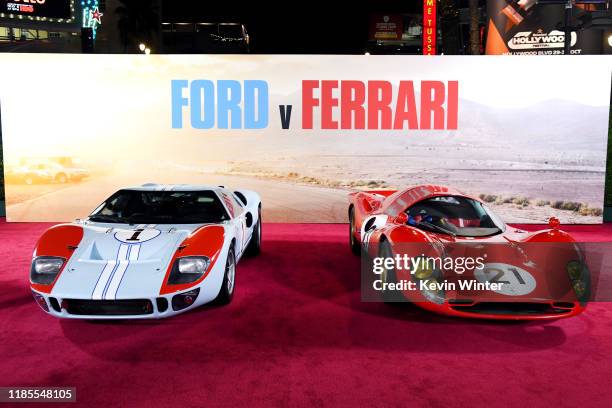 Cars on display at the Premiere of FOX's "Ford V Ferrari" at TCL Chinese Theatre on November 04, 2019 in Hollywood, California.