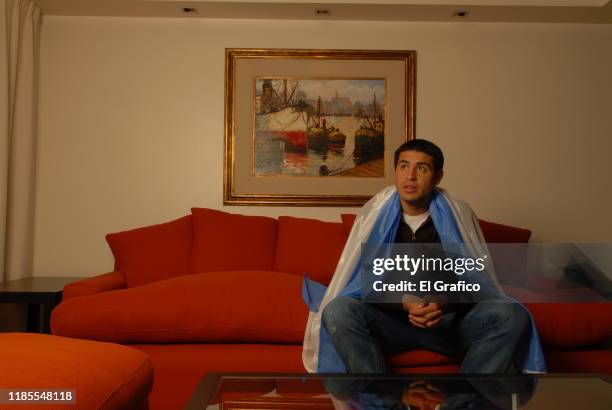 Argentine footballer Juan Roman Riquelme poses during a private photo session for El Gráfico magazine on May, 2006 in Buenos Aires, Argentina.