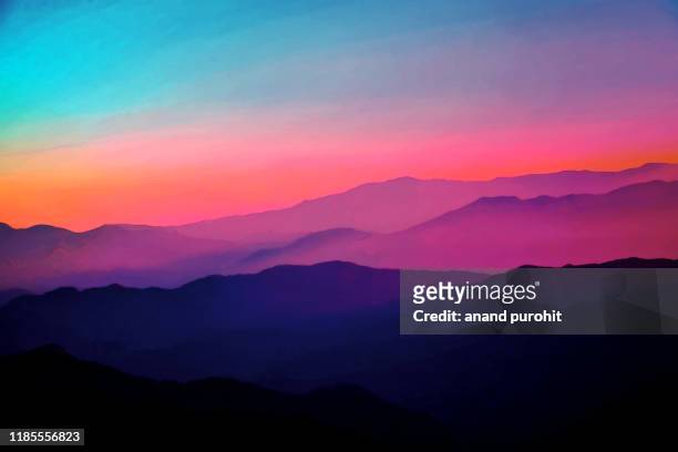 background abstract misty mountain range colourful wallpaper digital art gradiant pastel dramatic backdrop - color image stock pictures, royalty-free photos & images