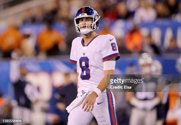Quarterback Daniel Jones of the New York Giants reacts after failing to get the touchdown on fourth down against the Dallas Cowboys in the second...