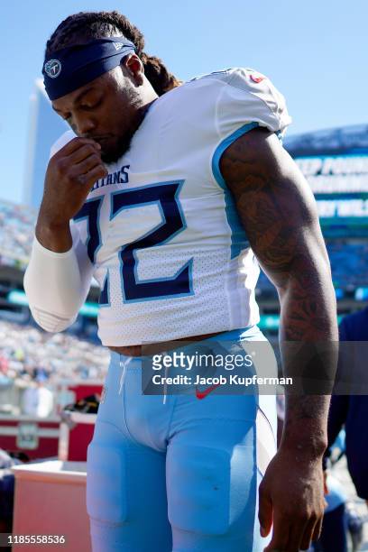 Derrick Henry of the Tennessee Titans in the first half during their game against the Carolina Panthers at Bank of America Stadium on November 03,...