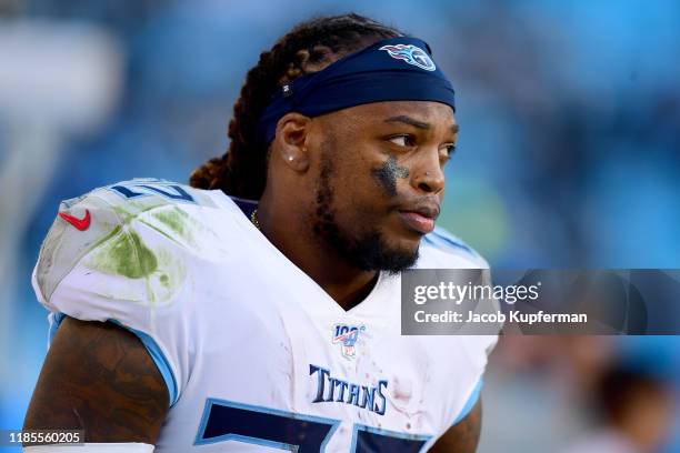 Derrick Henry of the Tennessee Titans in the second half during their game against the Carolina Panthers at Bank of America Stadium on November 03,...