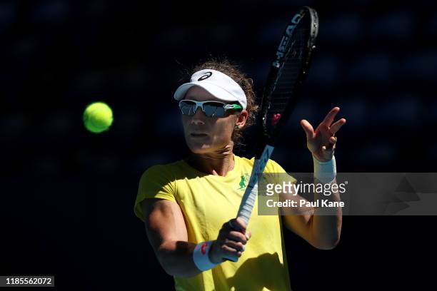 Sam Stosur of Australia plays a backhand during a practice session ahead of the 2019 Fed Cup Final between Australia and France at RAC Arena on...