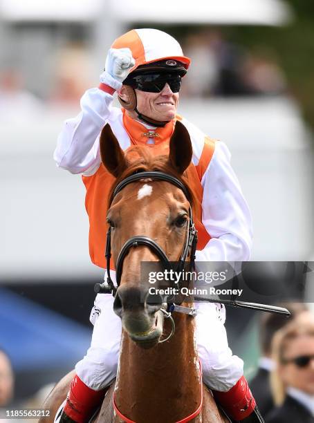 Craig Williams riding Vow and Declare celebrates winning the Lexus Melbourne Cup during 2019 Melbourne Cup Day at Flemington Racecourse on November...