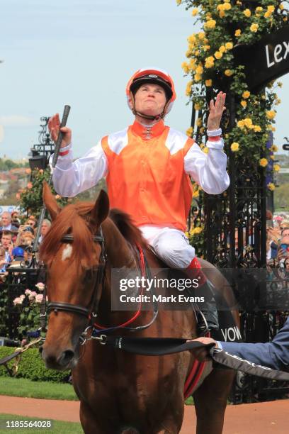 Craig Williams on Vow And Declare returns to scale after winning race 7 the Lexus Melbourne Cup during 2019 Melbourne Cup Day at Flemington...