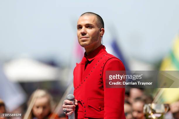 Anthony Callea sings the national anthem before race 7 the Lexus Melbourne Cup during 2019 Melbourne Cup Day at Flemington Racecourse on November 05,...