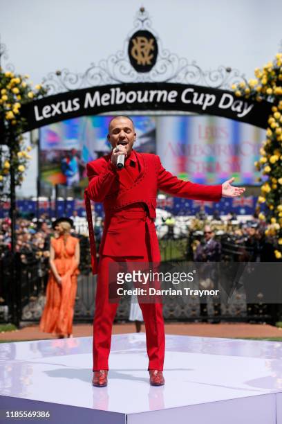 Anthony Callea sings the national anthem before race 7 the Lexus Melbourne Cup during 2019 Melbourne Cup Day at Flemington Racecourse on November 05,...