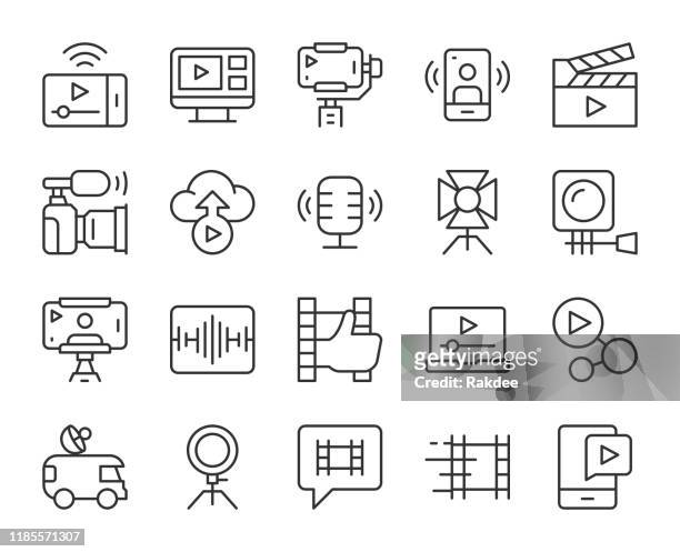 video-blogging und live-streaming - light line icons - mobile phone edit stock-grafiken, -clipart, -cartoons und -symbole