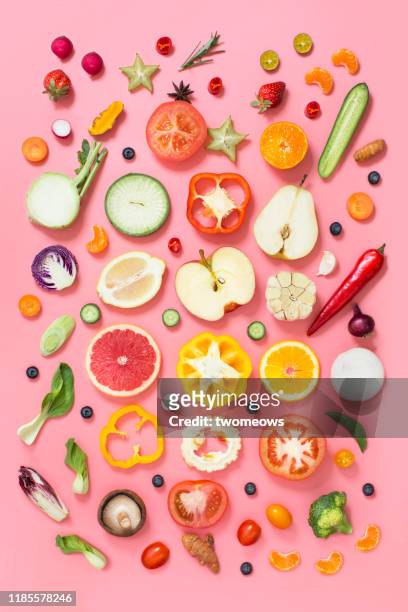 colourful vegan food conceptual still life. - obst stock-fotos und bilder