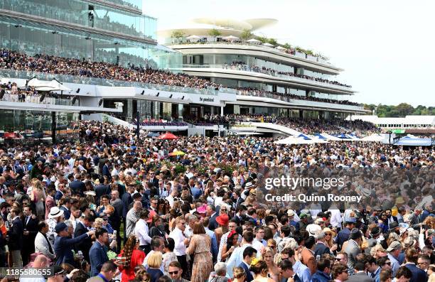 Big crowd watches on during 2019 Melbourne Cup Day at Flemington Racecourse on November 05, 2019 in Melbourne, Australia.