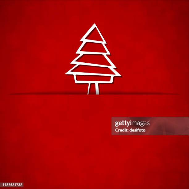 a vector illustration of a white colored christmas tree slid from trunk into a slit over bright red color xmas background - slit clothing stock illustrations