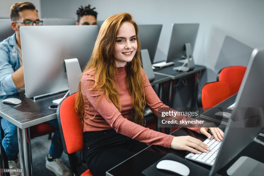 Female Computer Student Happy Female Student Elearning On Desktop Pc High-Res Stock Photo ...